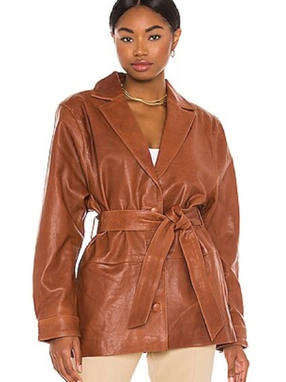 Women's Brown Leather Belted Blazer Jacket